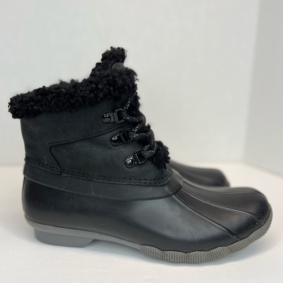 Sperry Saltwater Alpine Duck Boots Blk/Grey Sz 6.5M 86690 Faux Fur Side Zip Nice - Picture 2 of 11